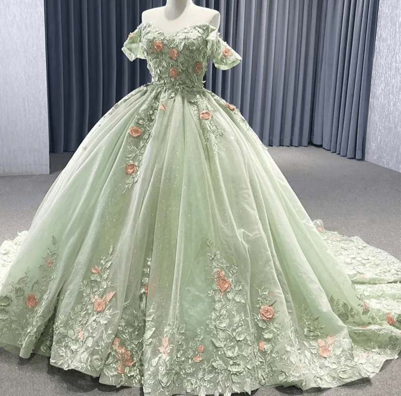 Sage Green Off The Shoulder Lace Up Back Ball Gown Quinceanera Dress
