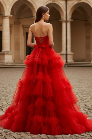 Red A - Line Strapless Ruffled Tulle Evening Dress - KissProm