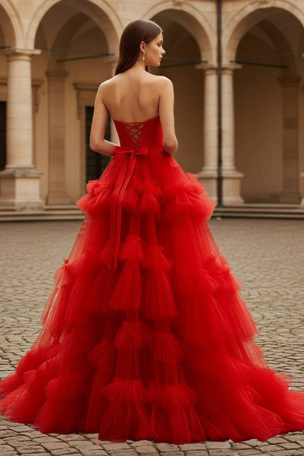 Red A - Line Strapless Ruffled Tulle Evening Dress - KissProm