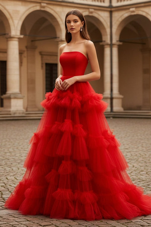 Red A - Line Strapless Ruffled Tulle Evening Dress - KissProm