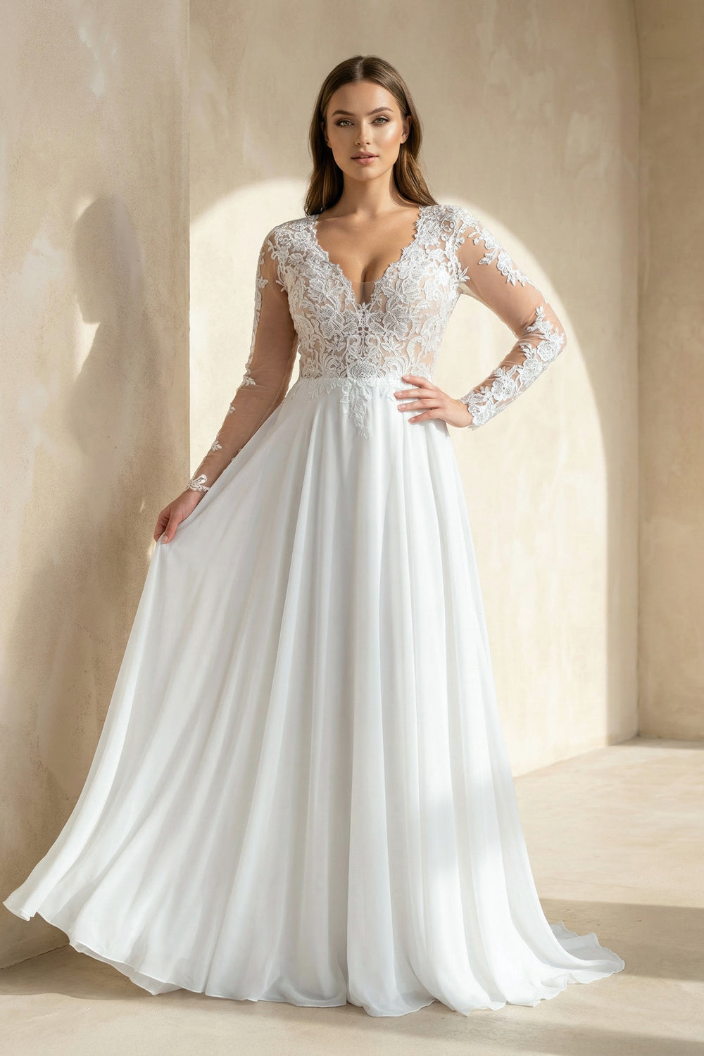 Mature Floral Long Sleeve A-Line Lace Wedding Dress Mature Floral Long Sleeve A-Line Lace Wedding Dress