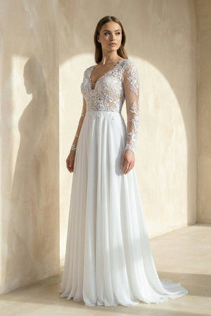 Mature Floral Long Sleeve A-Line Lace Wedding Dress – Wedding Dresses by KissProm | Available at KissProm