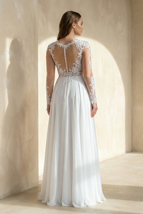 Mature Floral Long Sleeve A-Line Lace Wedding Dress – Wedding Dresses by KissProm | Available at KissProm
