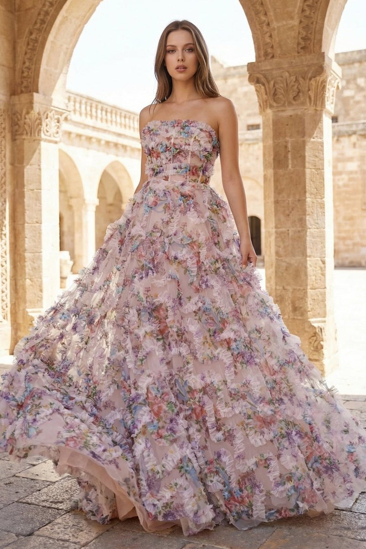 KissProm A-Line Strapless Floral Print Ruffle Long Prom Dress with Slit, Ivory / 8