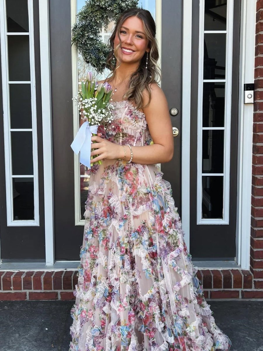 A-Line Strapless Floral Print Ruffle Long Prom Dress with Slit Ivory / 8 A-Line Strapless Floral Print Ruffle Long Prom Dress with Slit Ivory / 8