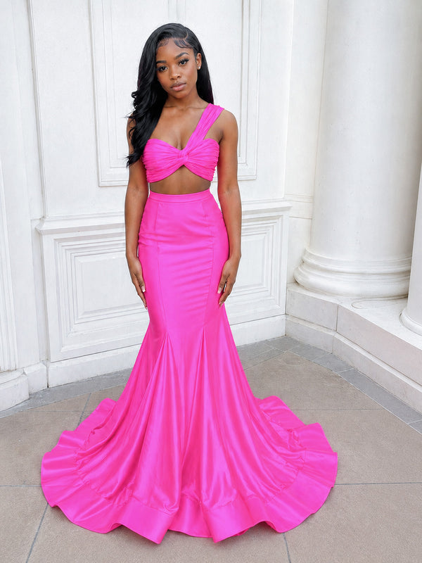 Hot Pink Two Piece One Shoulder Satin Mermaid Prom Dress - Kissprom