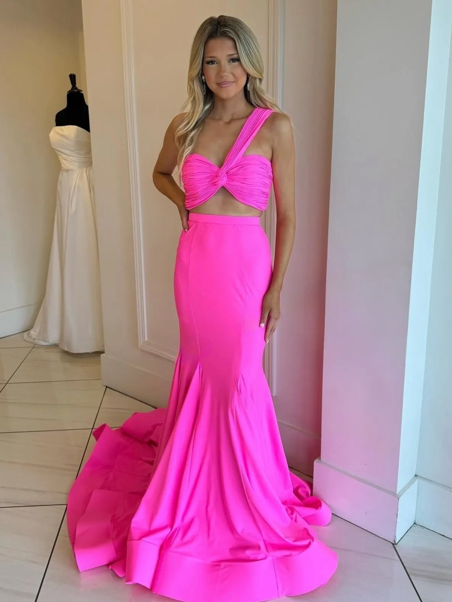 chinese dress ladies Two Piece Neon Pink Sequins Mermaid Prom Dress – Dressesforparty main image 1