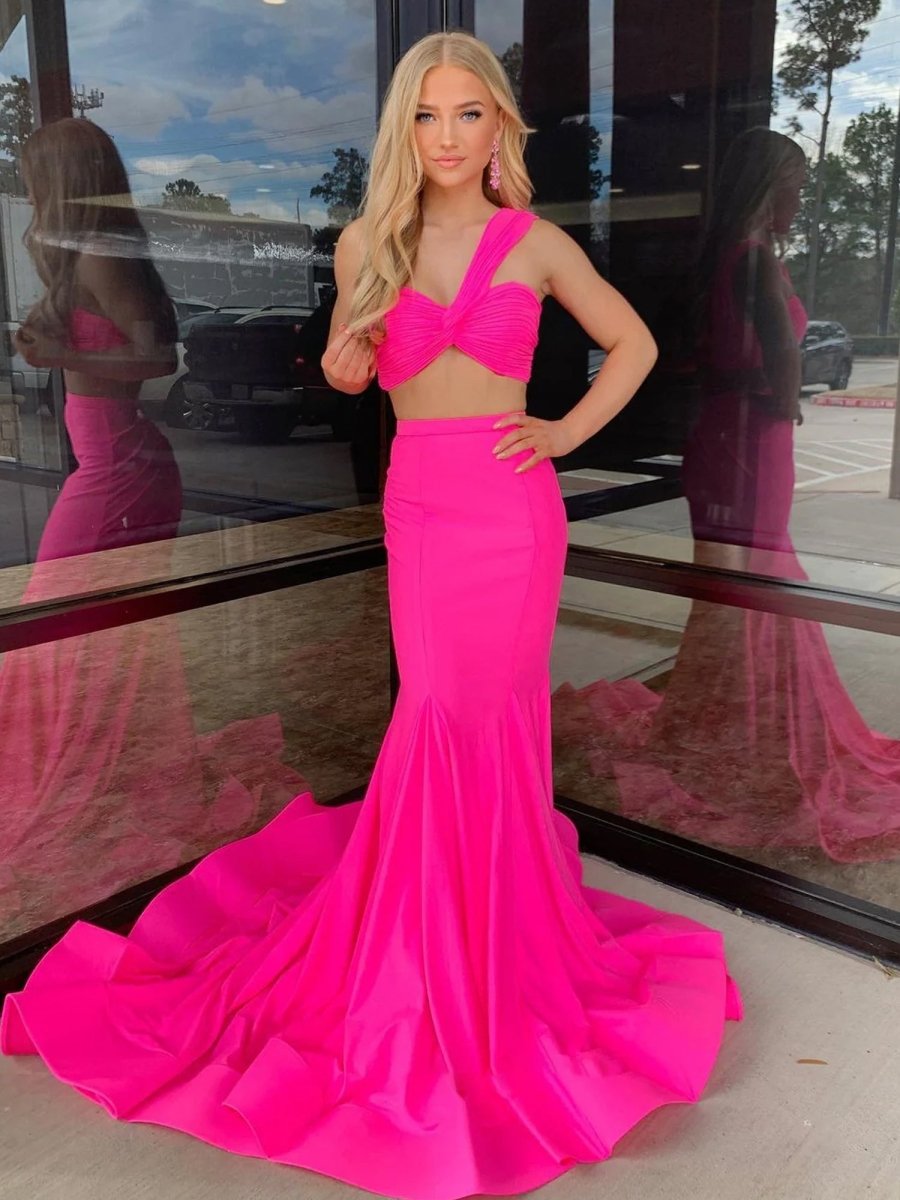 chinese dress ladies Hot Pink Two Piece One Shoulder Satin Mermaid Prom Dress Hot Pink / 16