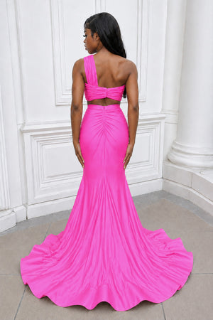 Hot Pink Two Piece One Shoulder Satin Mermaid Prom Dress - Kissprom