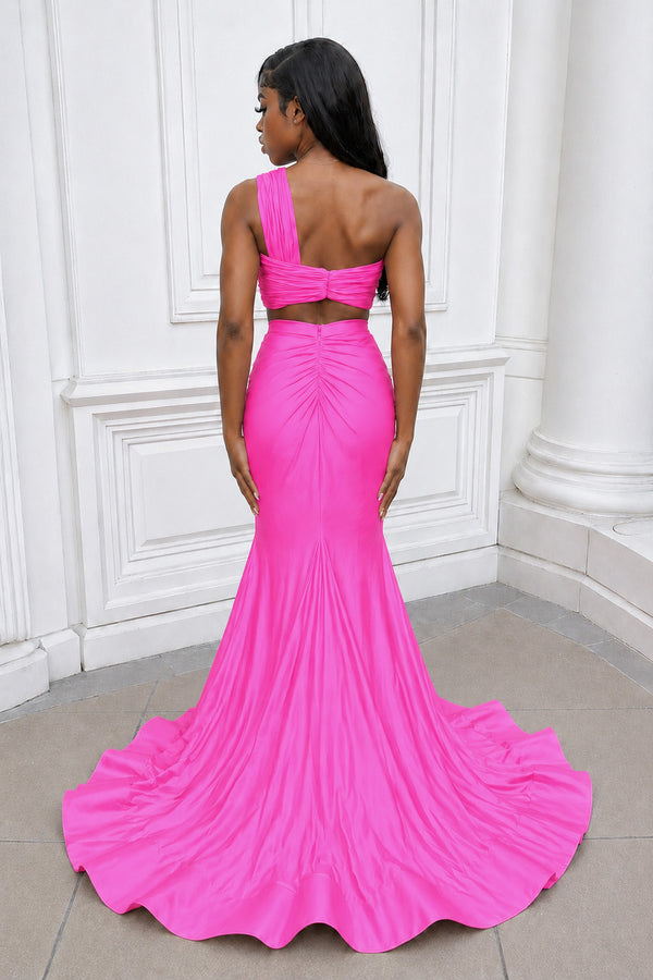 Hot Pink Two Piece One Shoulder Satin Mermaid Prom Dress - Kissprom