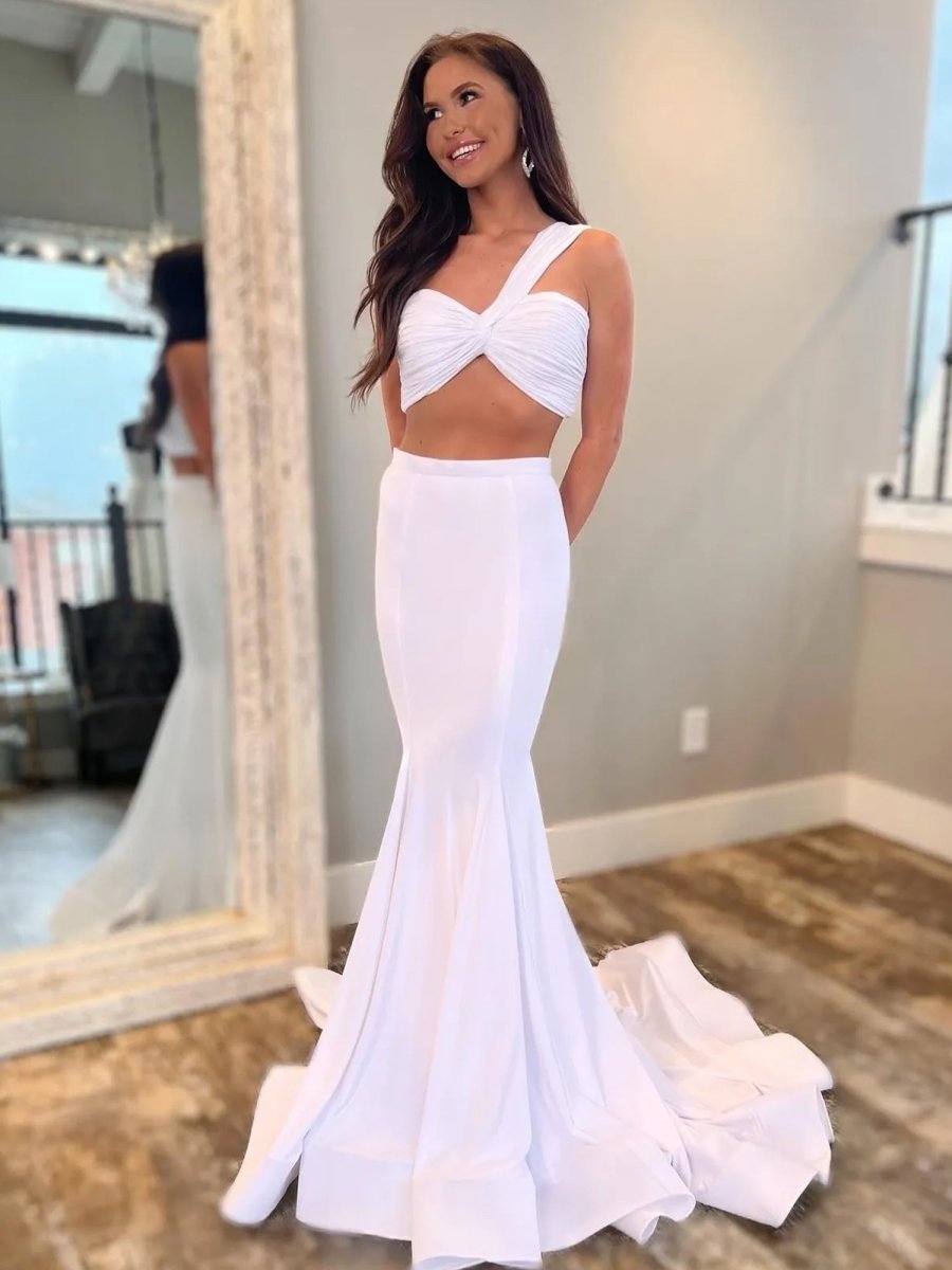 Hot Pink Two Piece One Shoulder Satin Mermaid Prom Dress White / 14 Hot Pink Two Piece One Shoulder Satin Mermaid Prom Dress White / 14