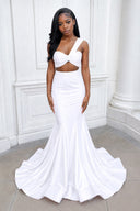 White Two Piece One Shoulder Satin Mermaid Prom Dress - Kissprom