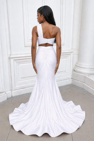 White Two Piece One Shoulder Satin Mermaid Prom Dress - Kissprom