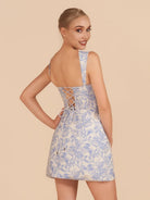 Mavie | Sky Blue - Sheath Square Neck Floral Short Homecoming Dress