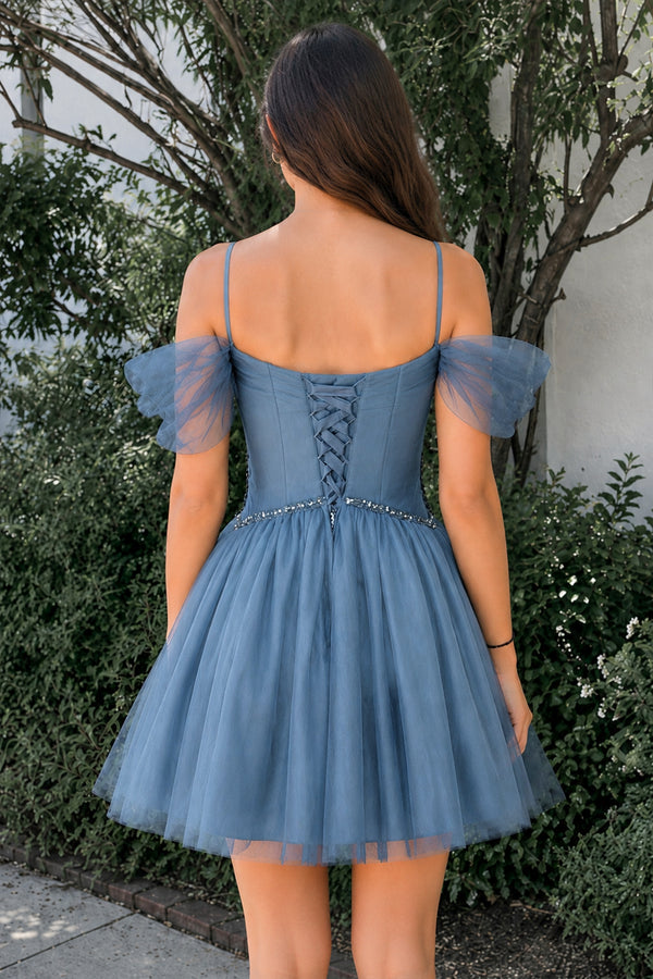 Maya Blue A-line V Neck Tulle Homecoming Dresses | KISSPROM