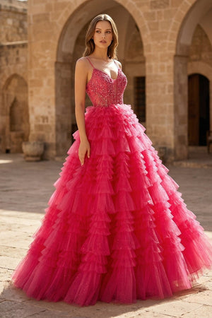 Lace Applique Tiered Ruffles Tulle Long Prom Dress - KissProm