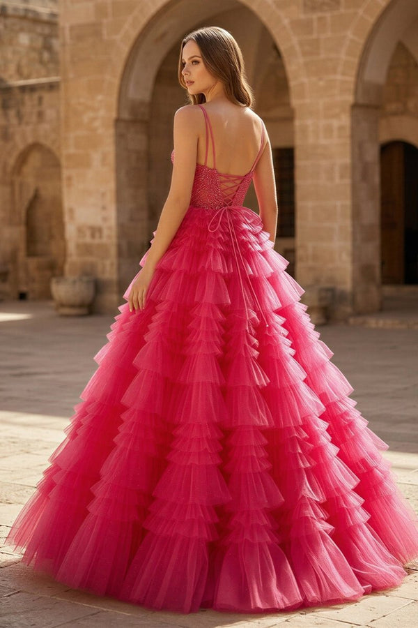 Lace Applique Tiered Ruffles Tulle Long Prom Dress - KissProm