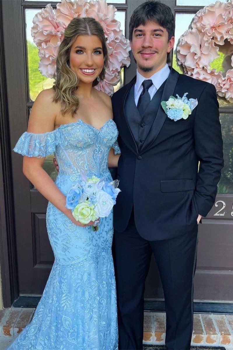 Blue Floral Lace Off-the-Shoulder Ruffle Long Prom Dress