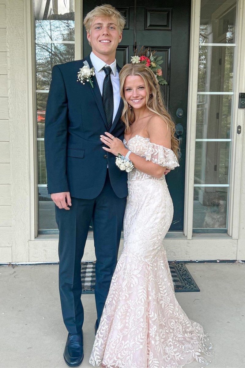 Blue Floral Lace Off-The-Shoulder Ruffle Long Prom Dress Blue / 18