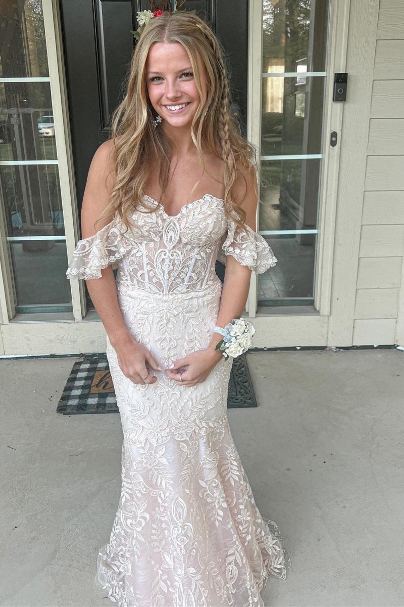 Blue Floral Lace Off-the-Shoulder Ruffle Long Prom Dress Blue / 18