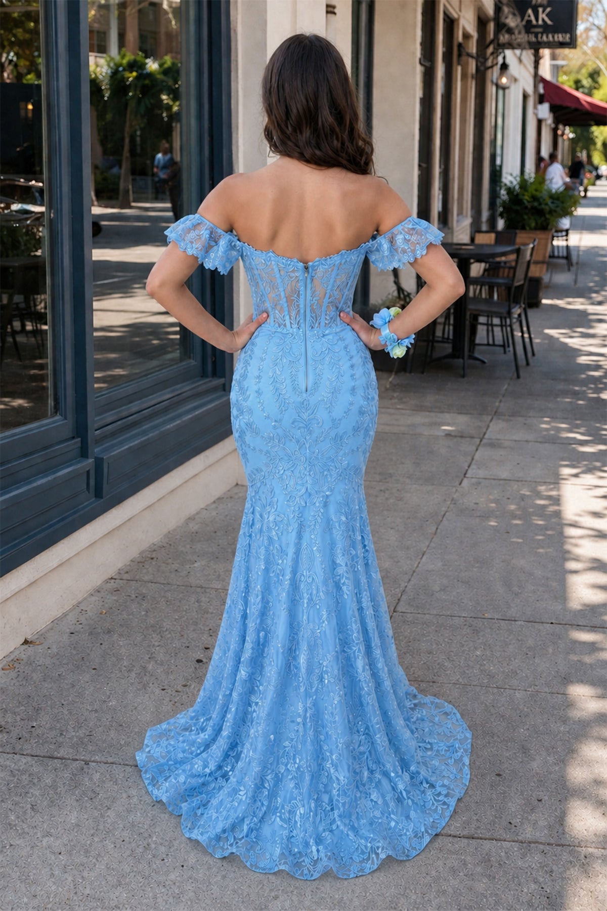 Blue Floral Lace Off-the-Shoulder Ruffle Long Prom Dress Blue Floral Lace Off-the-Shoulder Ruffle Long Prom Dress