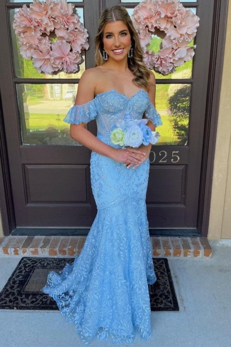 Blue Floral Lace Off-The-Shoulder Ruffle Long Prom Dress, Blue / 18 Blue Floral Lace Off-The-Shoulder Ruffle Long Prom Dress, Blue / 18