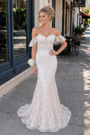 Blue Floral Lace Off-the-Shoulder Ruffle Long Prom Dress - KissProm