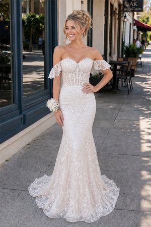 Blue Floral Lace Off-the-Shoulder Ruffle Long Prom Dress - KissProm