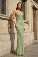 Simple Pink Mermaid Straps Sequin Prom Dresses With Split - KISSPROM PROM DRESSES
