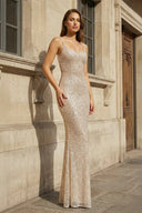 Simple Pink Mermaid Straps Sequin Prom Dresses With Split - KISSPROM PROM DRESSES