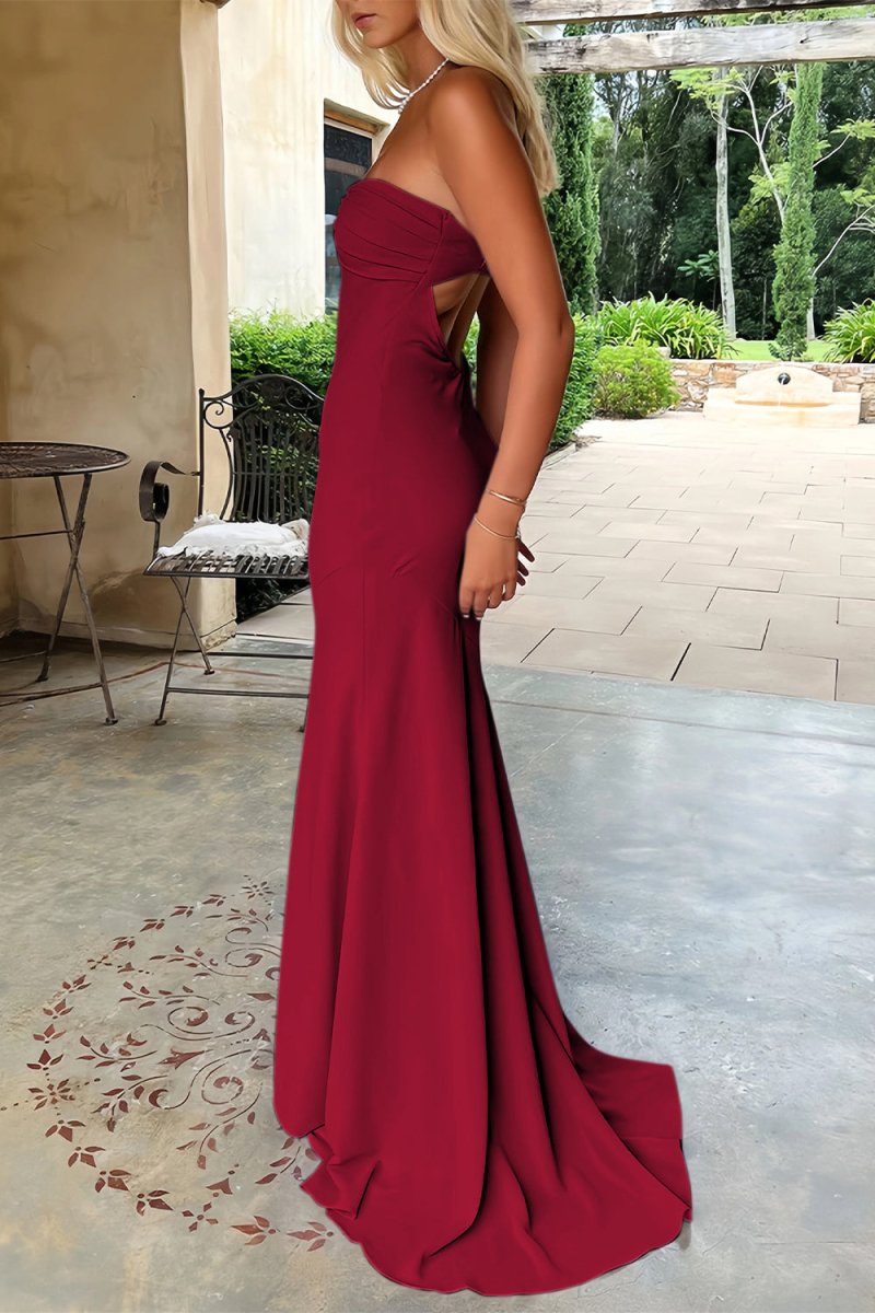 Meara | Sky Blue - Mermaid Strapless Spandex Long Prom Dresses with Pleates - KissProm