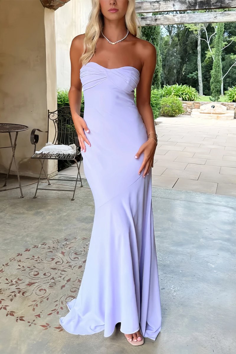 Meara | Lilac - Mermaid Strapless Spandex Long Prom Dresses with Pleates - KissProm