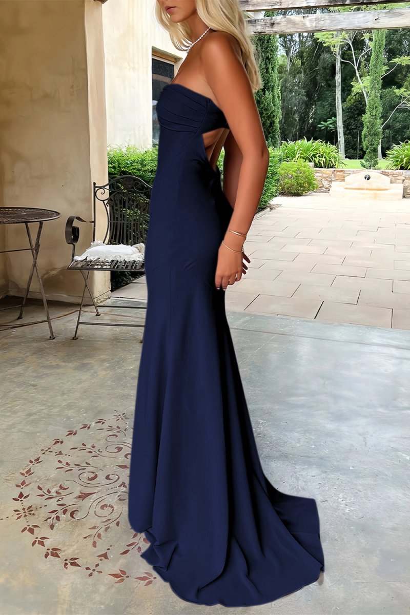 Meara | Sky Blue - Mermaid Strapless Spandex Long Prom Dresses with Pleates - KissProm