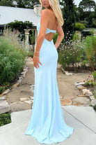 Meara | Sky Blue - Mermaid Strapless Spandex Long Prom Dresses with Pleates - KissProm