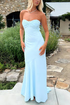 Meara | Sky Blue - Mermaid Strapless Spandex Long Prom Dresses with Pleates - KissProm
