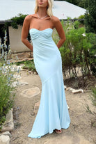 Meara | Sky Blue - Mermaid Strapless Spandex Long Prom Dresses with Pleates - KissProm