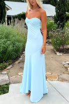 Meara | Sky Blue - Mermaid Strapless Spandex Long Prom Dresses with Pleates - KissProm