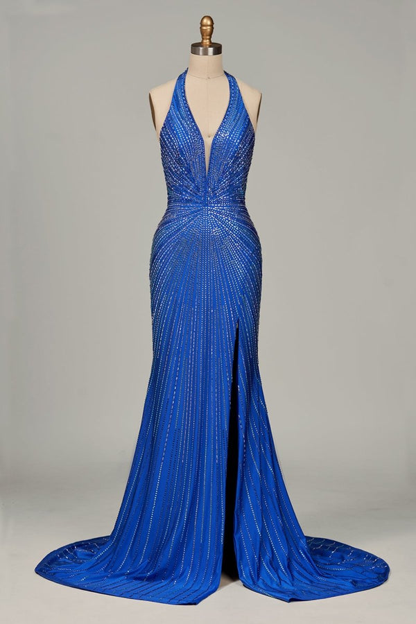 Meela | Royal Blue - Halter Satin Beaded Mermaid Backless Formal Prom Dresses With Slit - KissProm