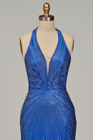 Meela | Royal Blue - Halter Satin Beaded Mermaid Backless Formal Prom Dresses With Slit - KissProm