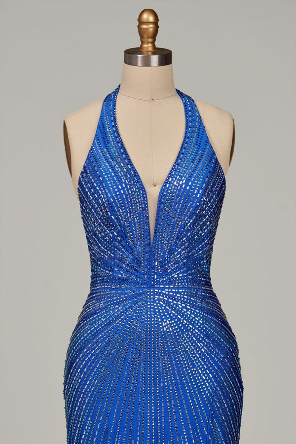 Meela | Royal Blue - Halter Satin Beaded Mermaid Backless Formal Prom Dresses With Slit - KissProm