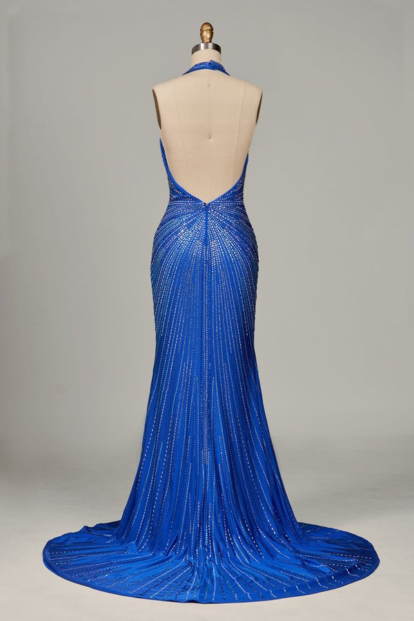 Meela | Royal Blue - Halter Satin Beaded Mermaid Backless Formal Prom Dresses With Slit - KissProm