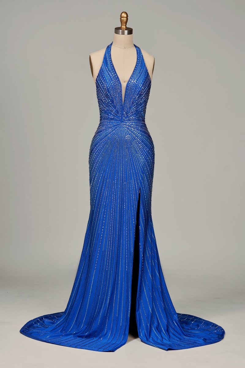 Meela | Royal Blue - Halter Satin Beaded Mermaid Backless Formal Prom Dresses With Slit - KissProm