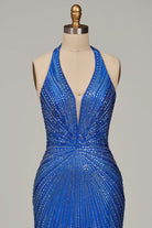 Meela | Royal Blue - Halter Satin Beaded Mermaid Backless Formal Prom Dresses With Slit - KissProm