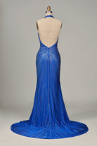 Meela | Royal Blue - Halter Satin Beaded Mermaid Backless Formal Prom Dresses With Slit - KissProm