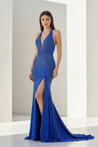 Meela | Royal Blue - Halter Satin Beaded Mermaid Backless Formal Prom Dresses With Slit - KissProm