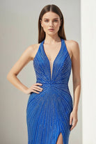 Meela | Royal Blue - Halter Satin Beaded Mermaid Backless Formal Prom Dresses With Slit - KissProm