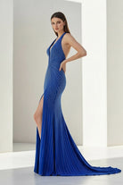 Meela | Royal Blue - Halter Satin Beaded Mermaid Backless Formal Prom Dresses With Slit - KissProm