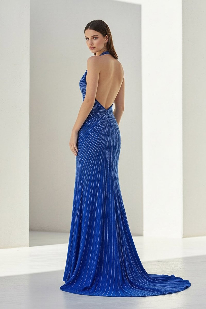 Meela | Royal Blue - Halter Satin Beaded Mermaid Backless Formal Prom Dresses With Slit - KissProm