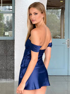 Mel | Navy Blue - Off The Shoulder A Line Satin Short Homecoming Dress