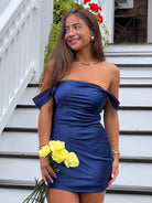 Mel | Navy Blue - Off The Shoulder A Line Satin Short Homecoming Dress